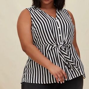 Torrid Black and White Stripe Georgette Peplum Tie Front Sleeveless Blouse